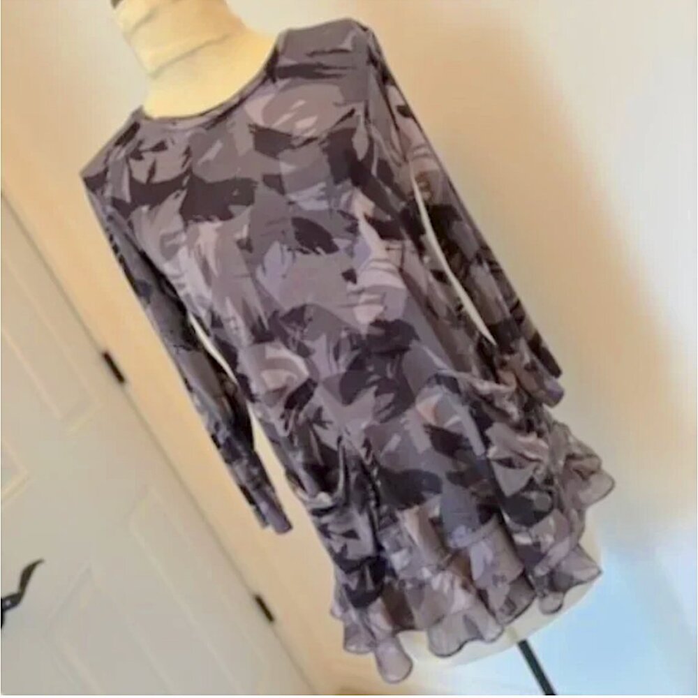 Logo Dark Grey Abstract Print Sheer Ruffle Tunic Top Dress